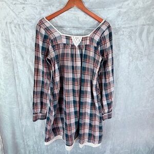 Plaid Lace Trim Tunic Dress Square Neck Long Sleeve Size Small with pockets